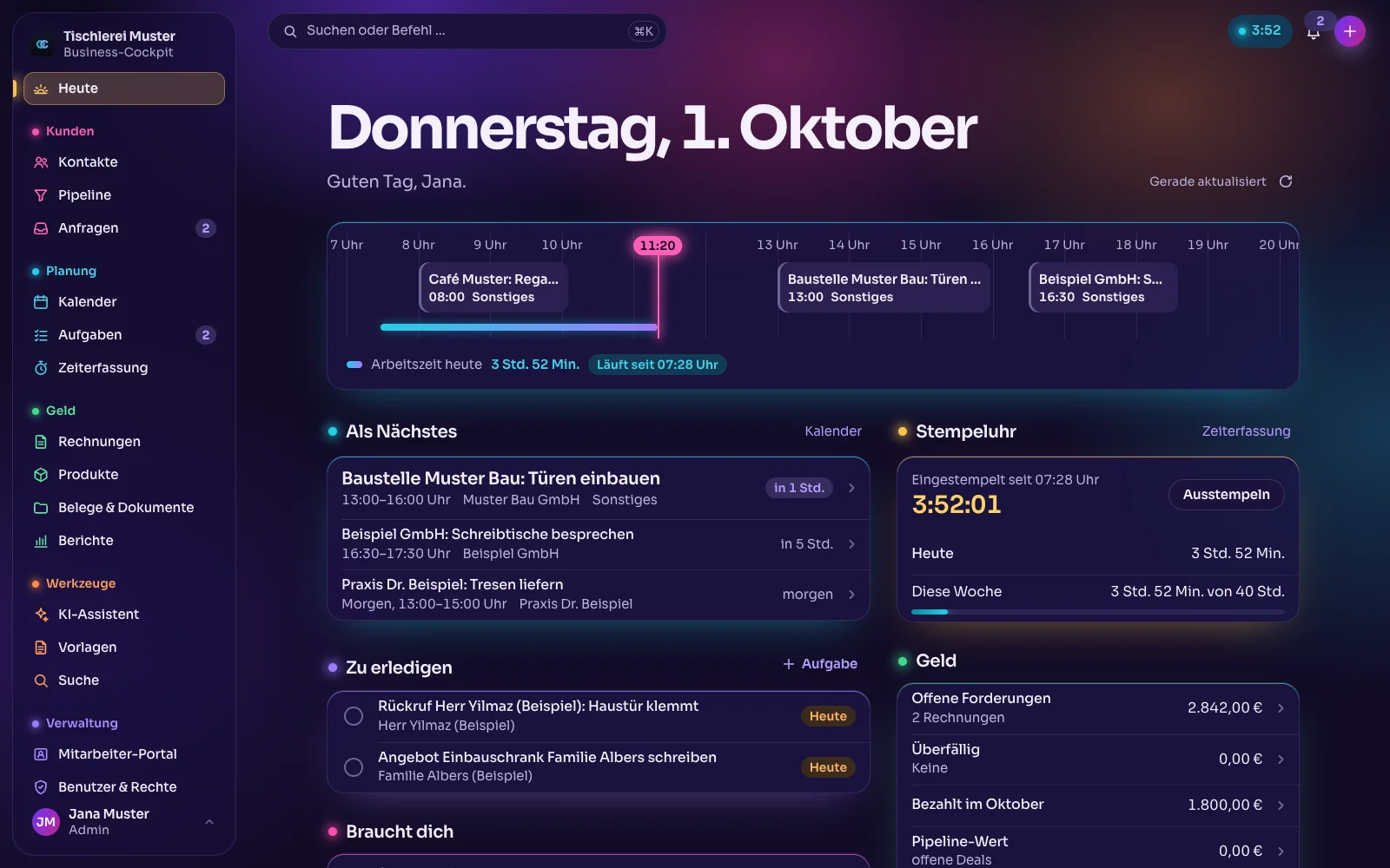 Bildschirmfoto des Nexus Cockpits, Ansicht „Heute“ einer erfundenen Tischlerei: Tagesleiste mit drei Terminen, laufende Stempeluhr, zwei Aufgaben für heute und offene Rechnungen