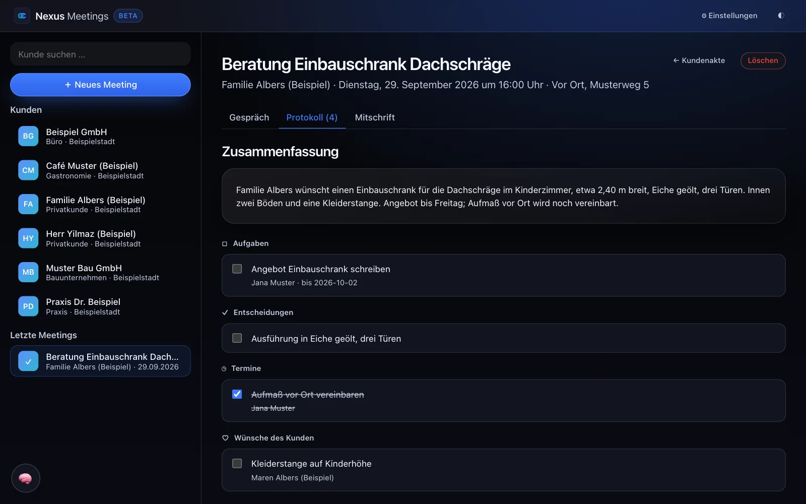 Bildschirmfoto von Nexus Meetings: Protokoll eines erfundenen Beratungsgesprächs mit Zusammenfassung, Aufgaben, Entscheidungen, Terminen und Wünschen des Kunden