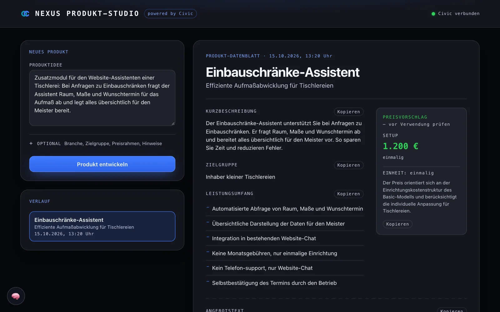 Bildschirmfoto des Nexus Produkt-Studios: aus einer erfundenen Produktidee erstelltes Produktblatt mit Kurzbeschreibung, Leistungsumfang und Preisvorschlag
