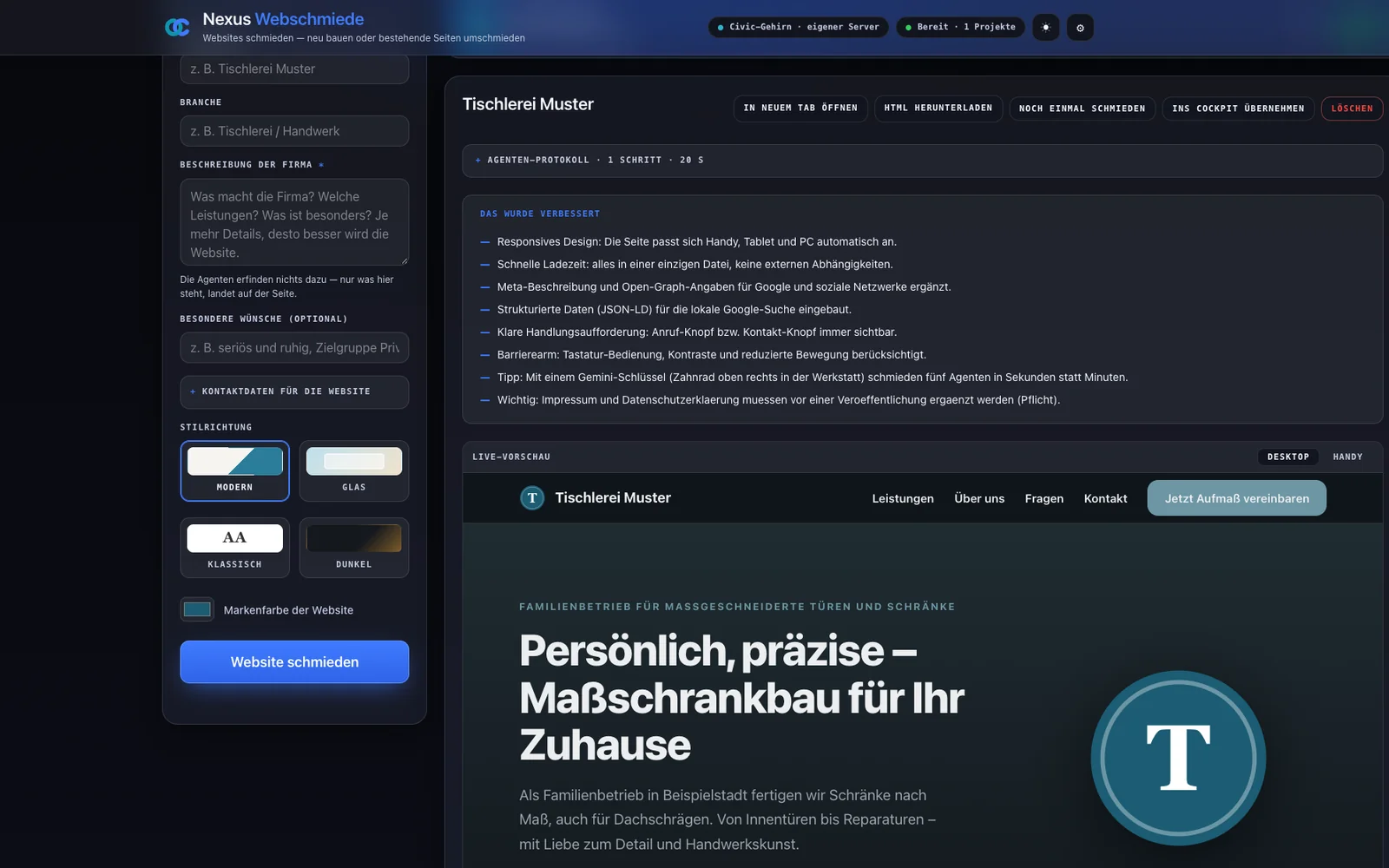 Bildschirmfoto der Nexus Webschmiede: neu geschmiedeter Website-Entwurf einer erfundenen Tischlerei mit Live-Vorschau und der Liste, was verbessert wurde
