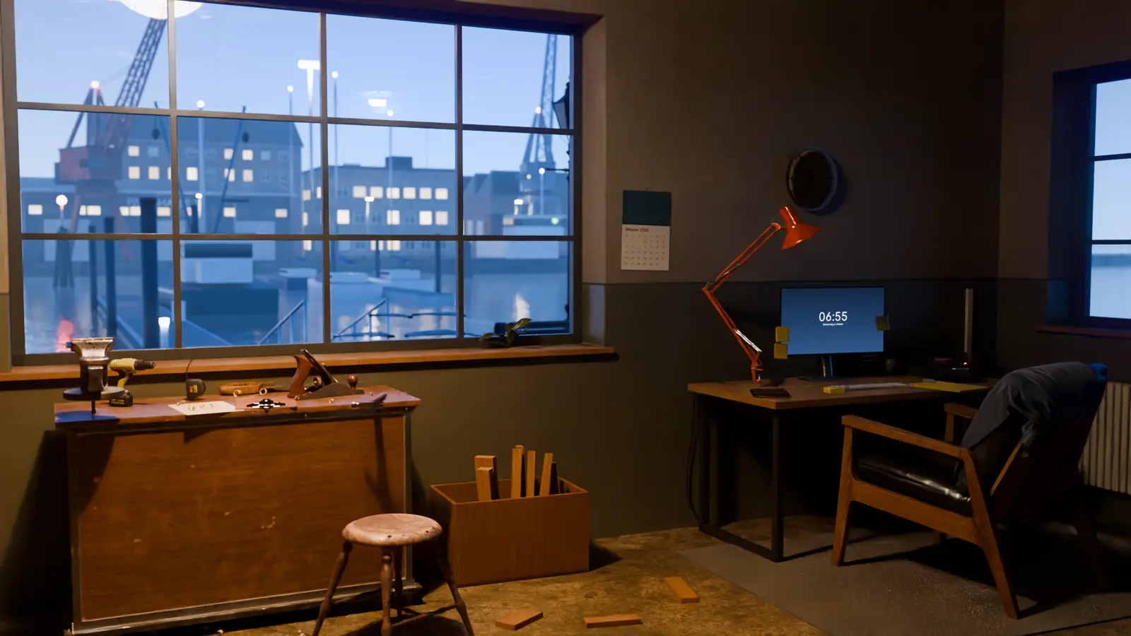 Kleine Werkstatt mit Büroecke am Hafen in der Morgendämmerung: Schreibtisch mit Monitor und Lampe, Werkbank, großes Fenster mit Blick auf Kräne und Speicher (Illustration, nachgestellter Betrieb)